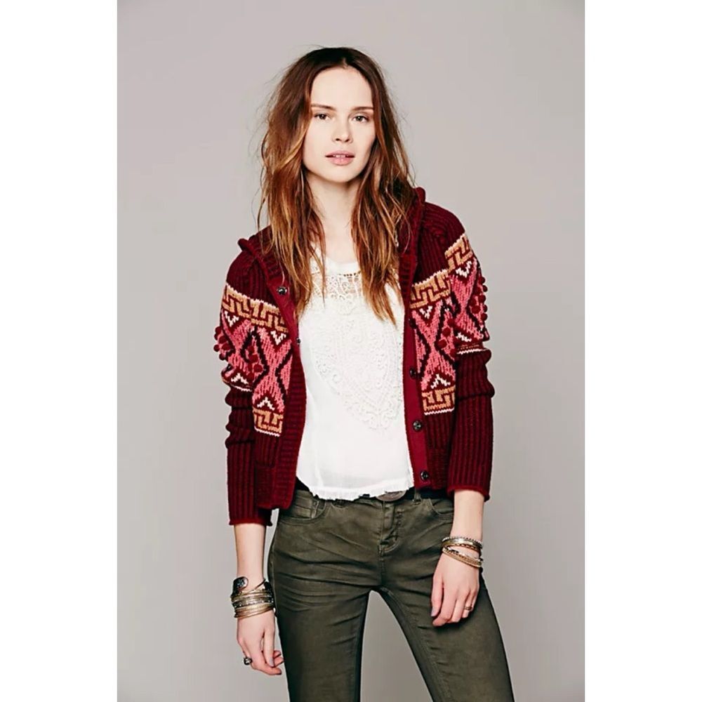 Free People Shrunken Pattern Snap Hoodie, Size Medium
